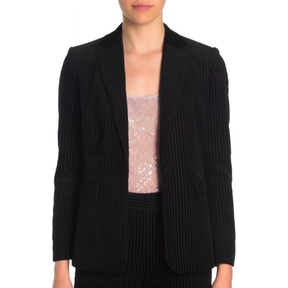 FRAME Textured-Stripe Velvet Blazer Jacket Noir Black